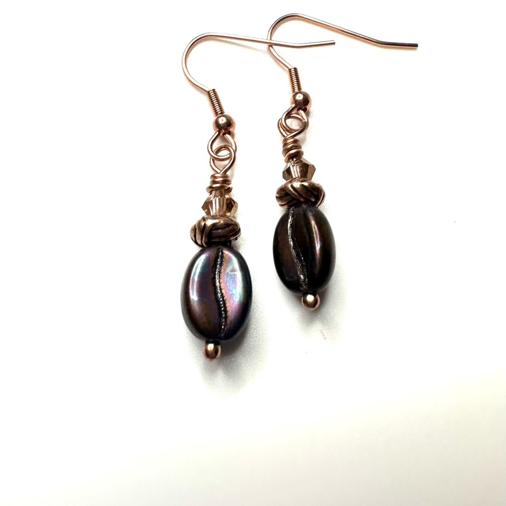 Handcrafted Czech Glass Coffee Bean Earrings with Iridescent Effect and Copper